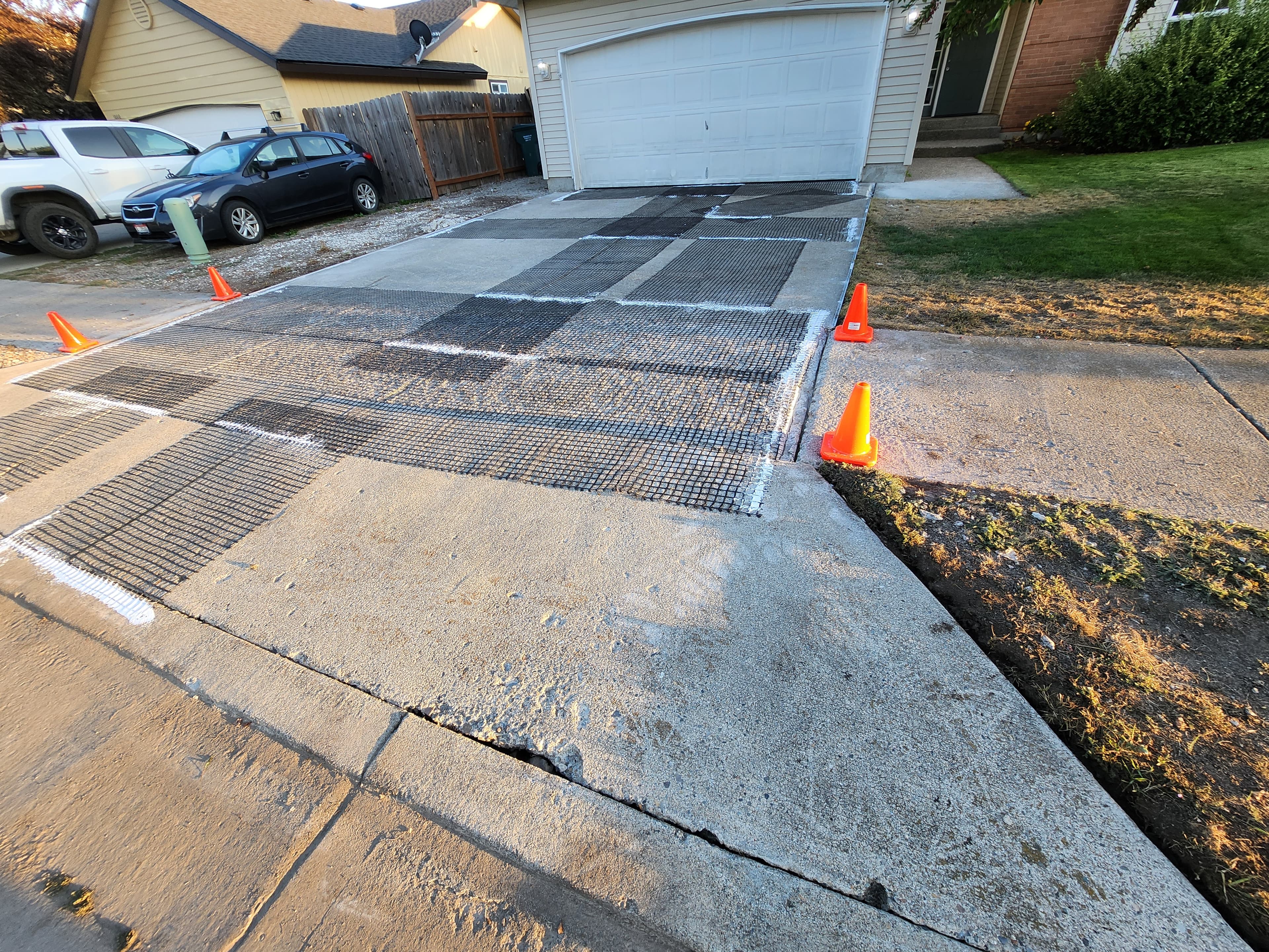 Concrete driveway before resin-bound installation (prepped with reinforcement mesh)
